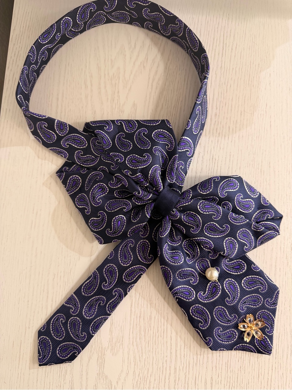 Navy Paisley Bow Necklace with Pearl & Floral Accent